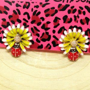 Lovely LADY BUG Flower Enamel Red Yellow Earrings